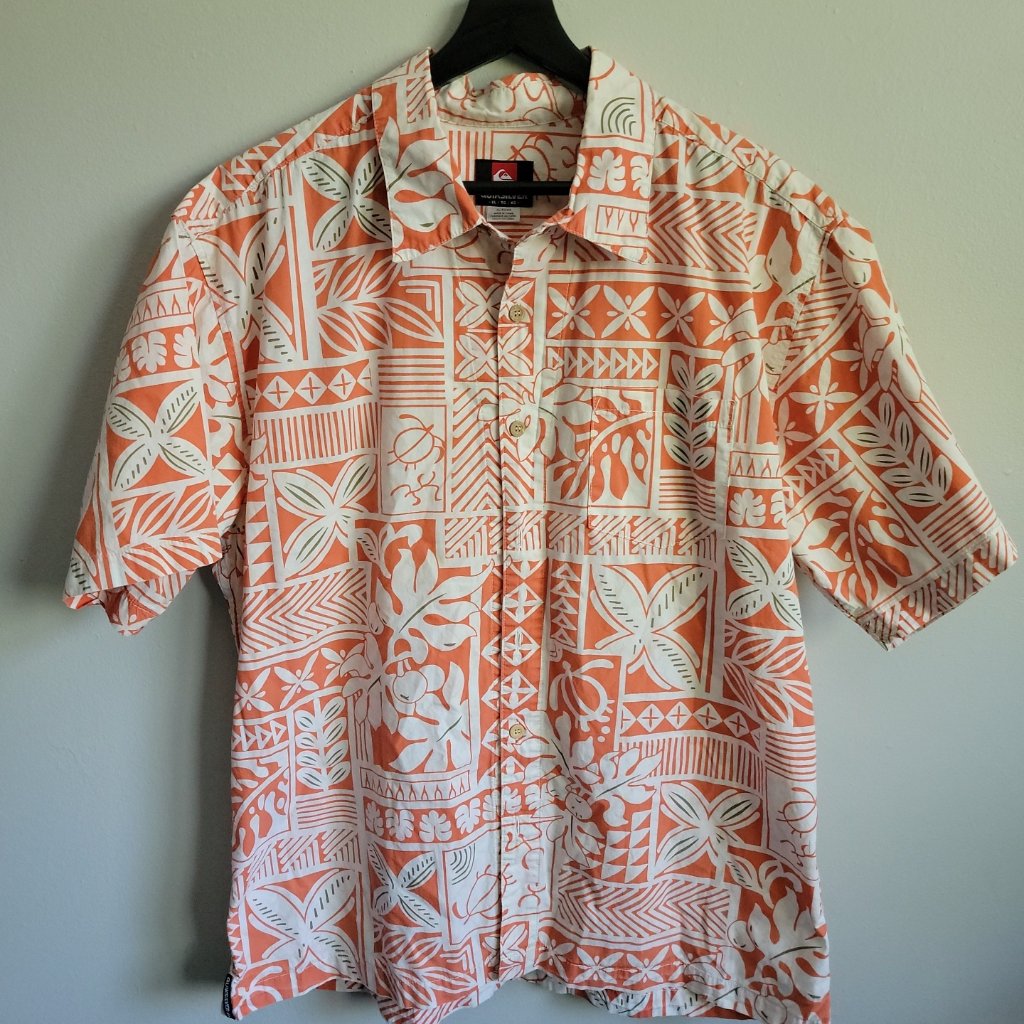 Quiksilver Mens Xl Hawaiian Orange & White Floral Short Sleeve Button Up Shirt